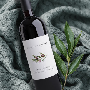 Rustic Minimal Olive Gren Foliage Bröllop Tack Vinflaska Etikett