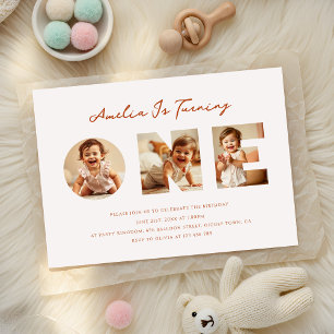 Rustic Minimal Script Photo Collage First Birthday Inbjudningar