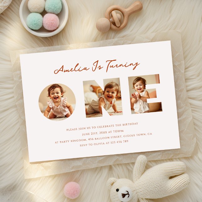 Rustic Minimal Script Photo Collage First Birthday Inbjudningar (Skapare uppladdad)