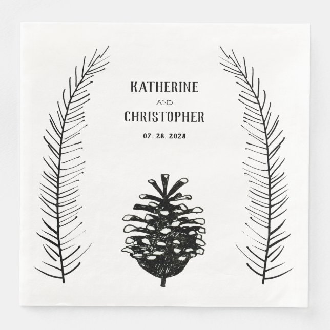 Rustic Minimalist Drawn Gräs Cone Spruce Grenar Pappersservett (Framsida)
