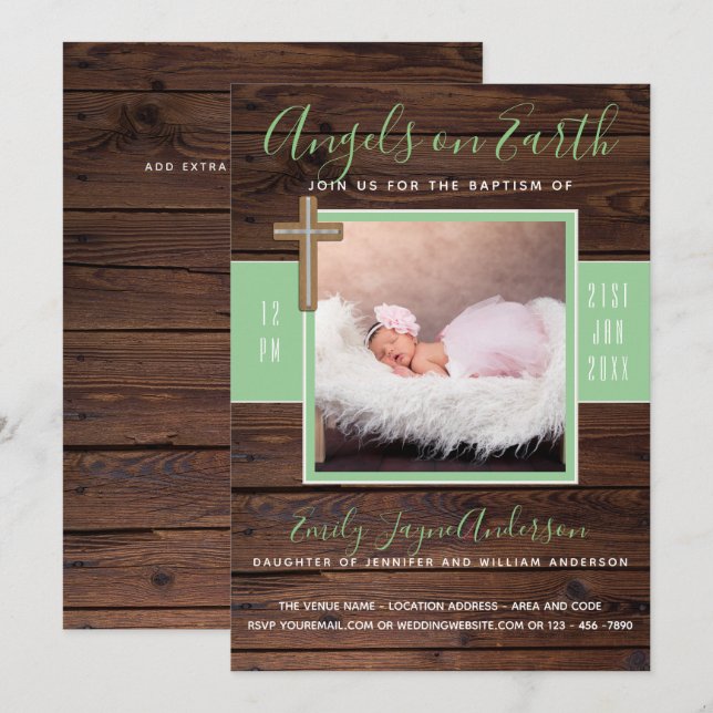 Rustic Mint | PHOTO BAPTISM Inbjudan Elegant Wood (Fram/baksida)