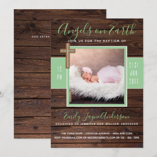Rustic Mint PHOTO BAPTISM Inbjudan Elegant Wood