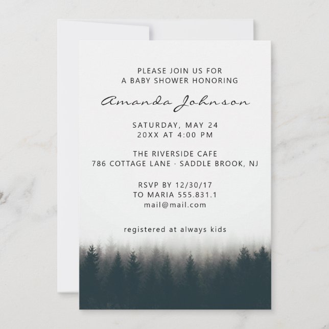 Rustic Misty Forest PineTrees Woodland Baby Shower Inbjudningar (Framsida)