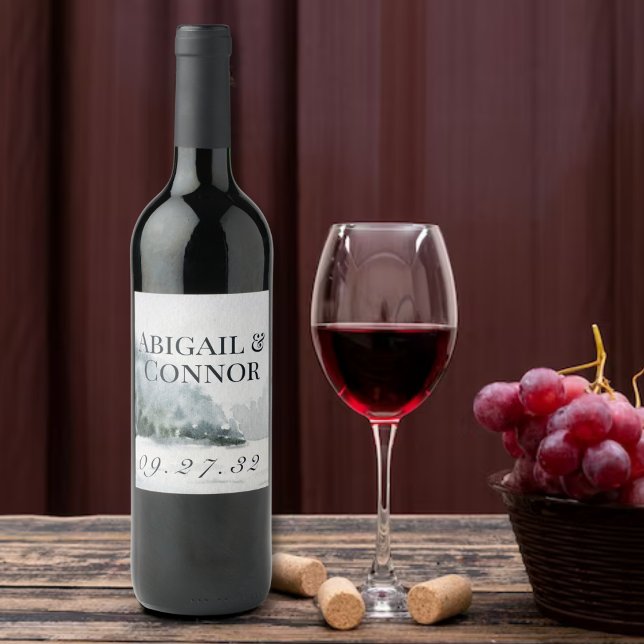 Rustic Misty Mountain Sjö Watercolor Vinflaska Etikett (Skapare uppladdad)