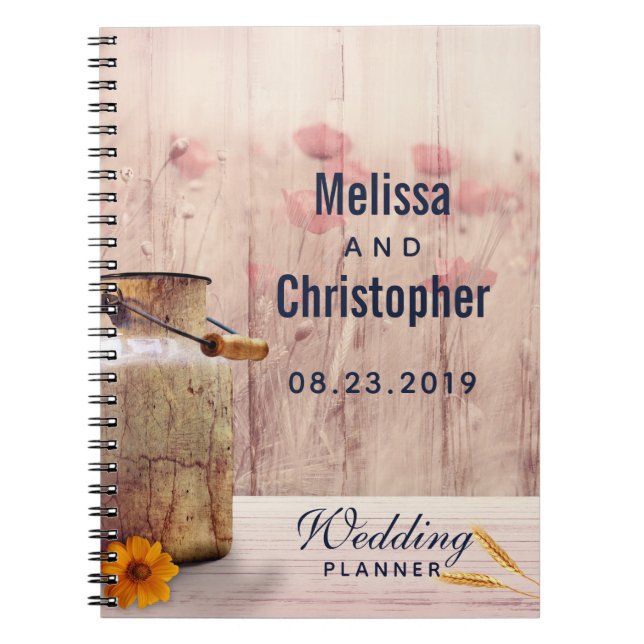 Rustic Mjölk can Landsbyggsbröllop Planner Anteckningsbok (Framsidan)