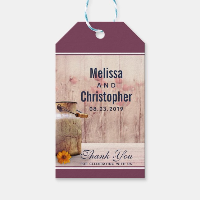 Rustic Mjölk can Landsbyggsbröllop Tack Presentetikett (Framsidan)