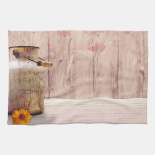 Rustic Mjölk Kan Land Stil på Wood Kökshandduk