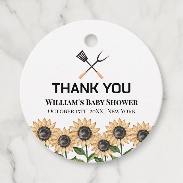 Rustic Modern BBQ Solrosbabydusch Gåvor Etiketter (Framsida)