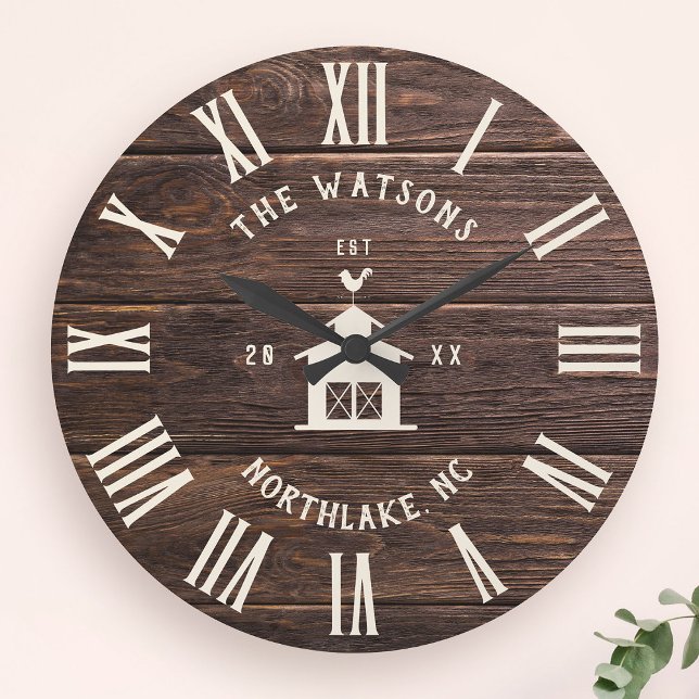 Rustic Modern Farmhouse Anpassningsbar Family Namn Stor Klocka (Skapare uppladdad)