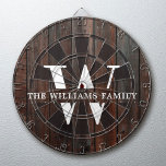 Rustic Modern Monogram Family Namn Vintage Wood Darttavla<br><div class="desc">Den här moderna ritbordsskivan har ditt familjemonogram och namn över en tryckt mörk brun träbakgrund i en typografi av vintage. Anpassa till din familj namn och börja med och gör detta till din egen unika keepy för bondhuset stil sjö,  familjestugan eller land-stugan - eller ditt mysiga hem.</div>