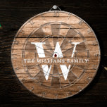 Rustic Modern Monogram Family Namn Vintage Wood Darttavla<br><div class="desc">Den här moderna ritbordsskivan har ditt familjemonogram och namn över ett tryckt mellanbrunt träbakgrund i en typografisk vintage. Anpassa till din familj namn och börja med och gör detta till din egen unika keepy för bondhuset stil sjö,  familjestugan eller land-stugan - eller ditt mysiga hem.</div>
