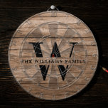 Rustic Modern Monogram Family Namn Vintage Wood Darttavla<br><div class="desc">Den här moderna ritbordsskivan har ditt familjemonogram och namn över ett tryckt mellanbrunt träbakgrund i en typografisk vintage. Anpassa till din familj namn och börja med och gör detta till din egen unika keepy för bondhuset stil sjö,  familjestugan eller land-stugan - eller ditt mysiga hem.</div>
