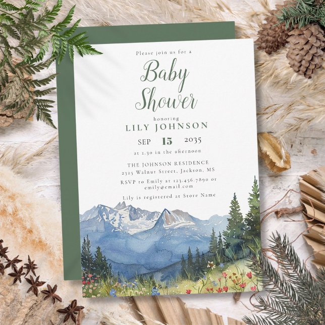 Rustic Modern Mountain Wildblomma Shower Inbjudningar (Rustic Modern Mountain Wildflower Baby Shower Invitation)