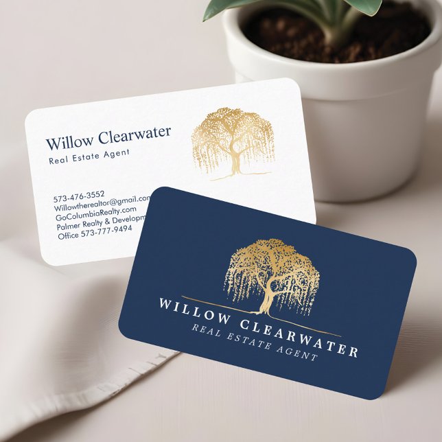 Rustic Modern Navy & Guld Willow Träd Logotyp Visitkort (Rustic Modern Navy & Gold Willow Tree Logo Business Card)