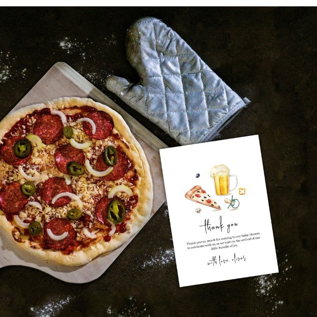 Rustic Modern Pizza Öl Nappar Baby Shower Tack Kort (Rustic Modern Pizza Beers Pacifier Baby Shower Thank You Card)