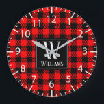 Rustic Modern Red Buffalo Plaid Checkered Monogram Stor Klocka<br><div class="desc">Modern rustic bright red and black checked buffalo plaid wall clock with customizable family monogram and name,  would work great for a rustic farmhouse style home,  cabin,  or for the holiday season decor and/or a personalized gift.</div>