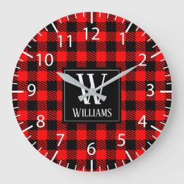 Rustic Modern Red Buffalo Plaid Checkered Monogram Stor Klocka