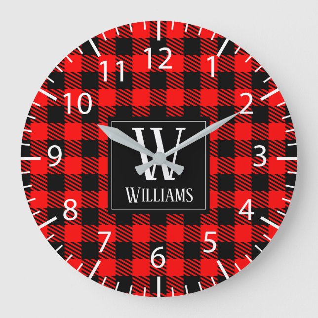 Rustic Modern Red Buffalo Plaid Checkered Monogram Stor Klocka (Framsida)
