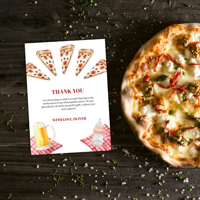 Rustic Modern Slice Pizza Öl Baby Shower Tack Kort (Rustic Modern Sice Pizza Beers Baby Shower Thank You Card)