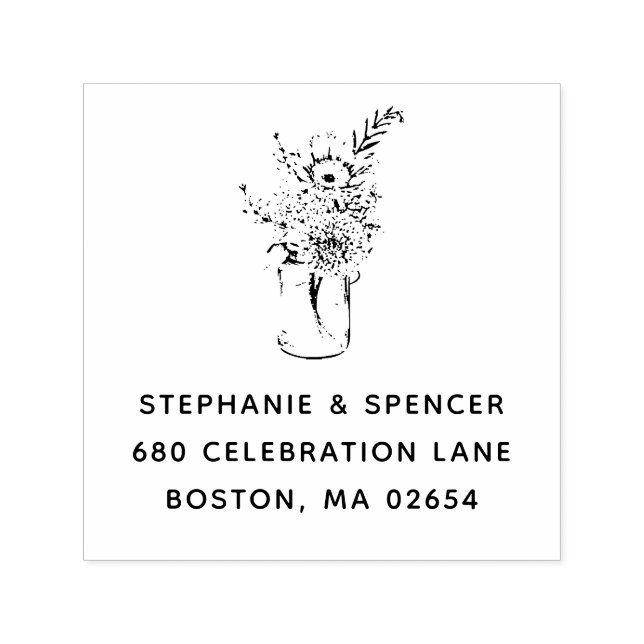 Rustic Modern Wildblommason Burk Bröllop Adress Självfärgande Stämpel (Design)