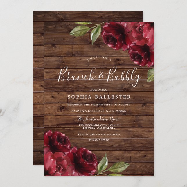 Rustic Möhippa Burgundy Blommigt Brunch BubLY Inbjudningar (Fram/baksida)