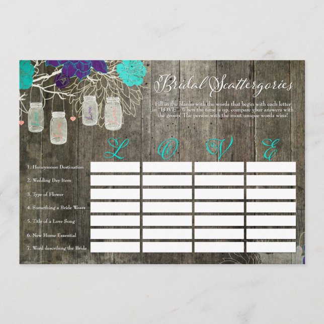 Rustic Möhippa Scattergories Kärlek Game (Framsida)