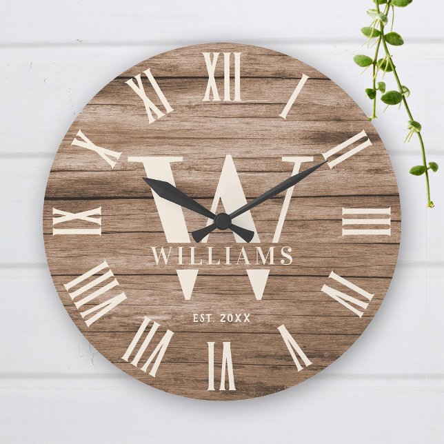 Rustic Monogram Anpassningsbar Farmhouse Namn Retr Stor Klocka (Skapare uppladdad)