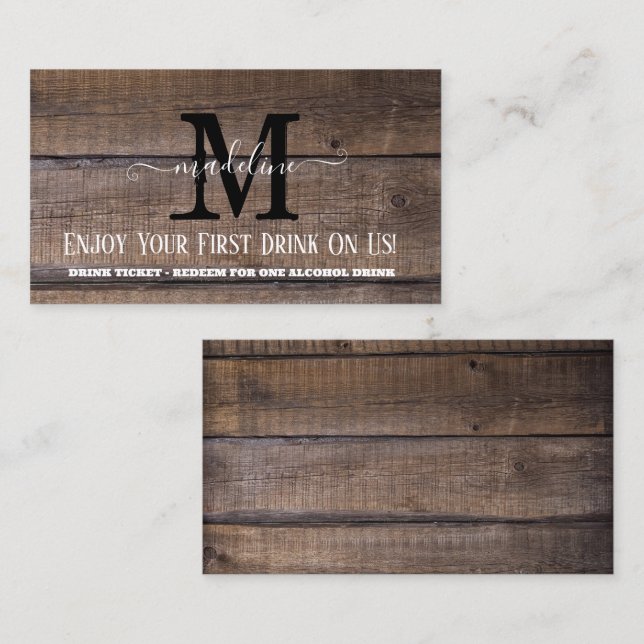 Rustic Monogram Bröllop Drink Voucher Card Visitkort (Fram/baksida)