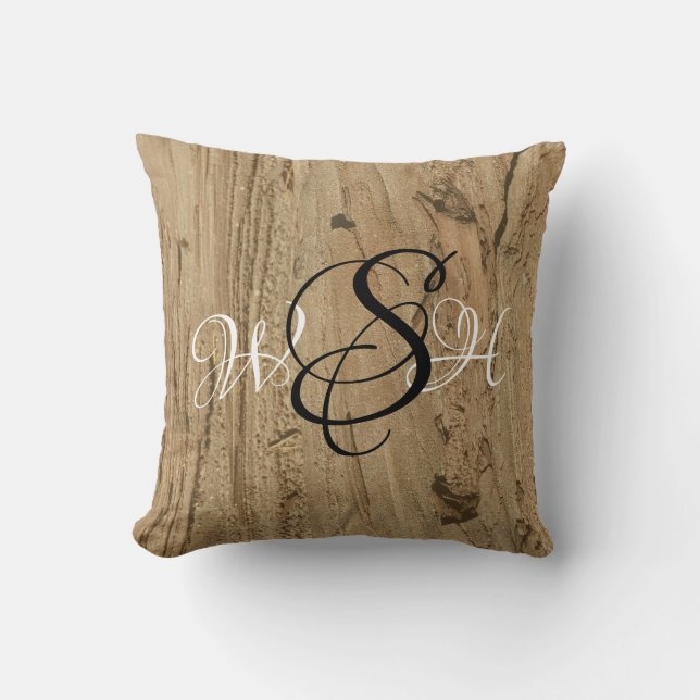Rustic Monogram Brown Woodgrain Photo Nature Kudde (Framsida)