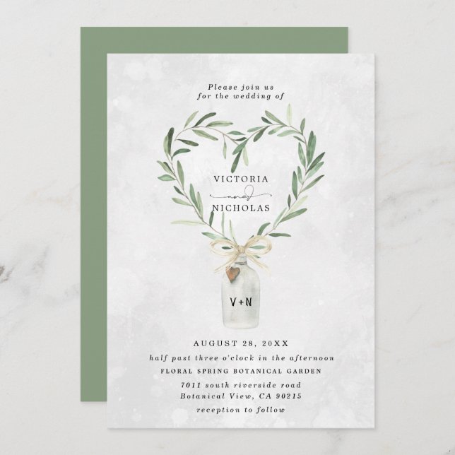 Rustic Monogram Burk | Heart Greenery Bröllop Inbjudningar (Fram/baksida)