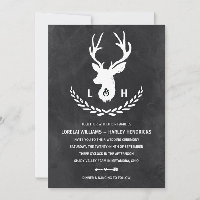 Rustic Monogram | Chalkboard Stag Bröllop Inbjudningar (Framsida)