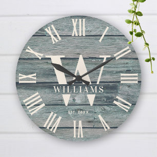 Rustic Monogram Driftwood Anpassningsbar Namn Stor Klocka