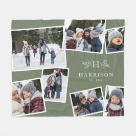 Rustic monogram familjesamling 7 fotosage grönt fleecefilt