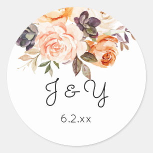 Rustic Monogram för och persikofärgad Blommigt Runt Klistermärke