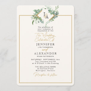 Rustic Monogram Guld Greenery Eucalyptus Bröllop Inbjudningar