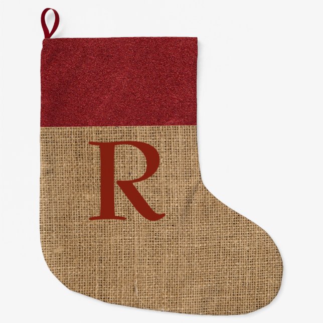 Rustic MONOGRAM-julförråd Red Faux Burlap Stor Julstrumpa (Framsidan)