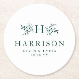 Rustic monogram mörk grönt klassisk bröllop underlägg papper rund