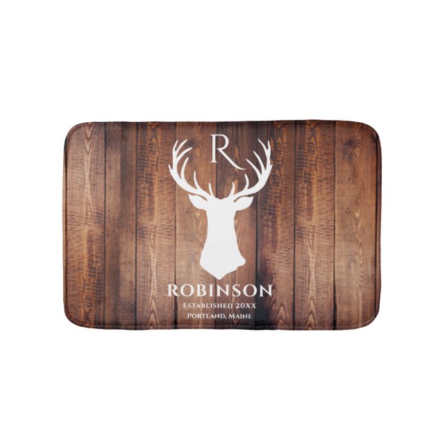 Rustic Monogram Namn Hjort Antler Wood  Badrumsmatta (Framsidan)