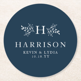 Rustic monogram navy blue simple Classic bröllop Underlägg Papper Rund