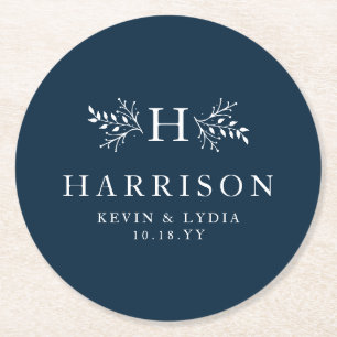 Rustic monogram navy blue simple Classic bröllop Underlägg Papper Rund