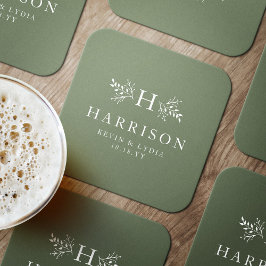 Rustic monogram sage grönt, enkel klassisk bröllop underlägg papper rund