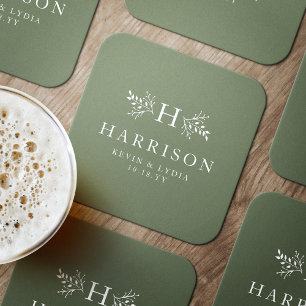 Rustic monogram sage grönt, enkel klassisk bröllop underlägg papper rund