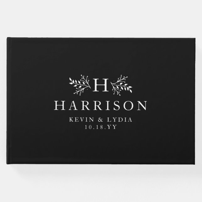 Rustic monogram svart och vit klassisk bröllop gästböcker (Framsida)