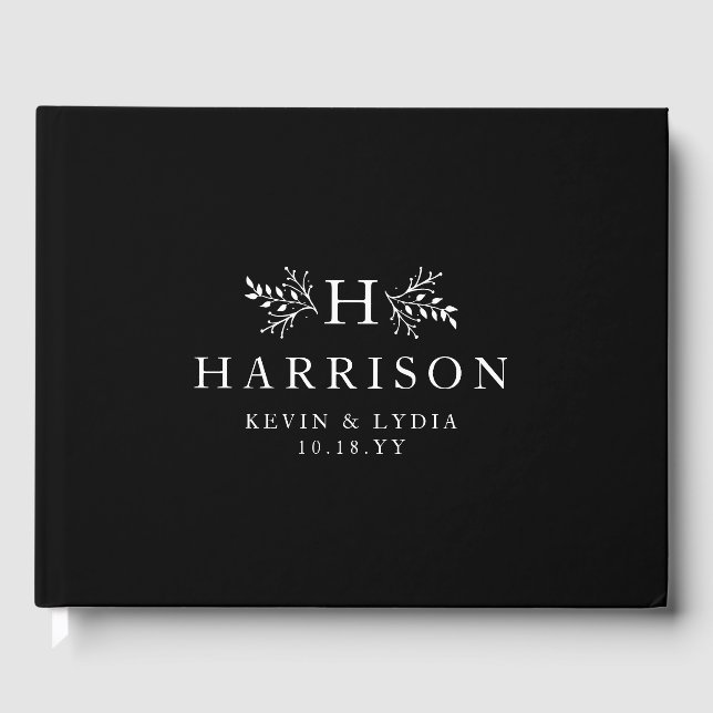 Rustic monogram svart och vit klassisk bröllop gästböcker (Framsida)