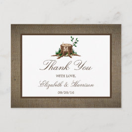 Rustic Monogram Träd & Burlap Bröllop Tack Vykort