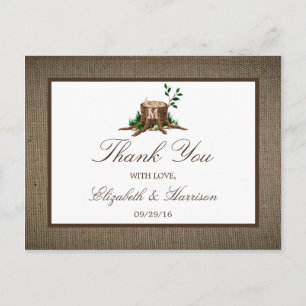 Rustic Monogram Träd & Burlap Bröllop Tack Vykort