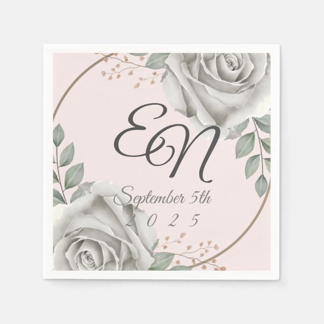 Rustic Monogram vit ros Flowers bröllop Pappersservett (Framsidan)