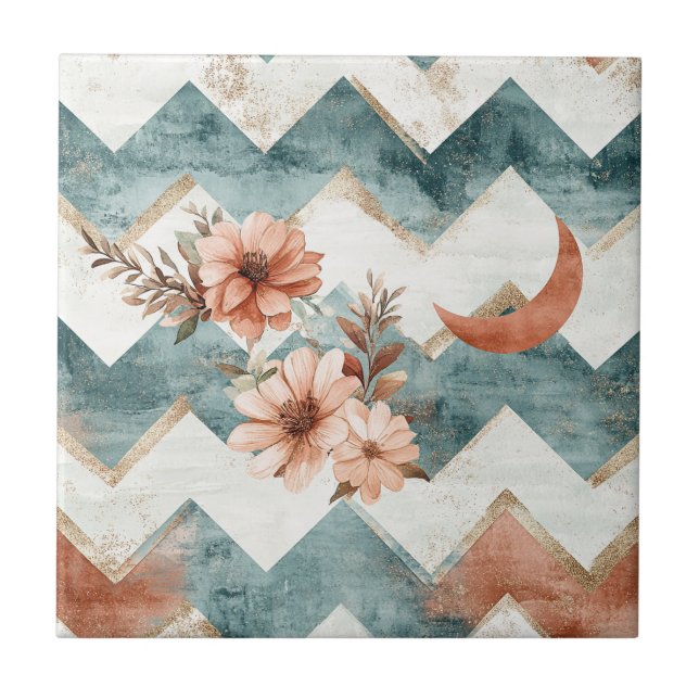 Rustic Moon Blommig Chevron Jordnära Mönster Kakelplatta (Framsidan)