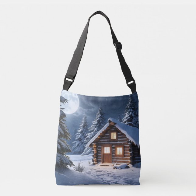 Rustic Moonlight Mysigt Winter Cabin Axelväska (Framsida)