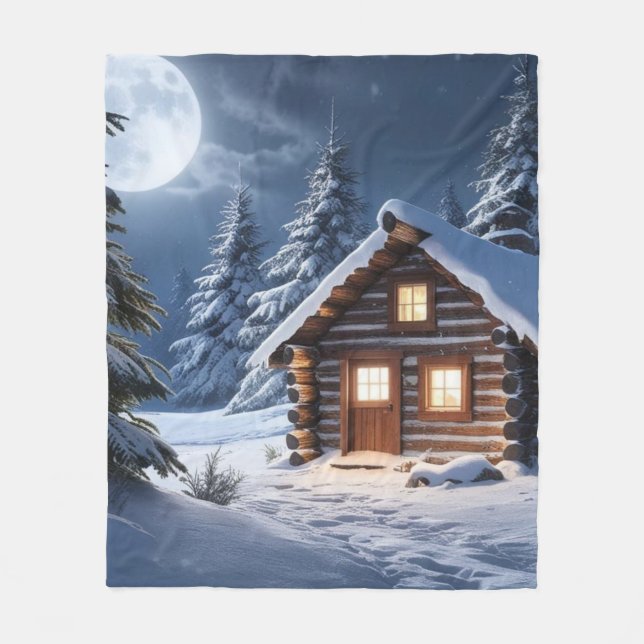 Rustic Moonlight Mysigt Winter Cabin Fleecefilt (Framsidan)